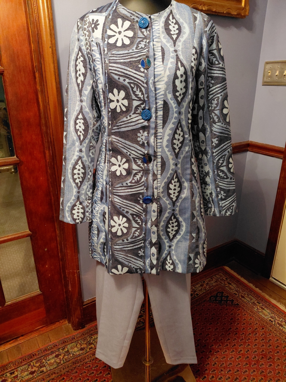 Desigual Blue and Gray Printed Long Trench Coat